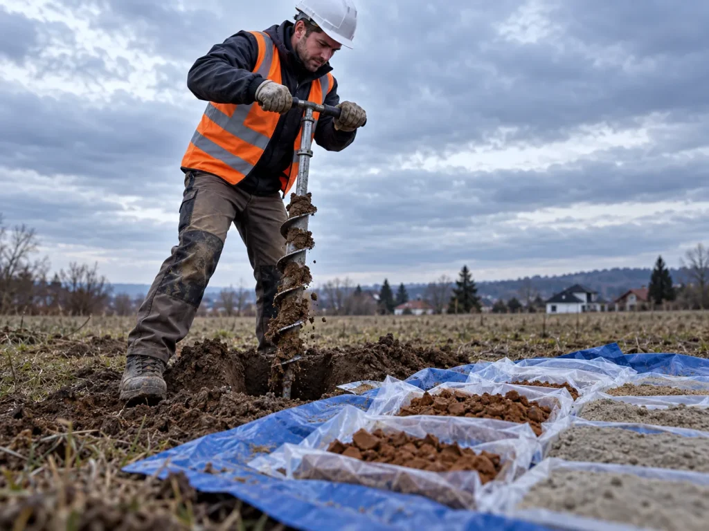 Geolog wykonuje odwiert ręcznym świdrem, obok próbki gruntu w workach na plandece