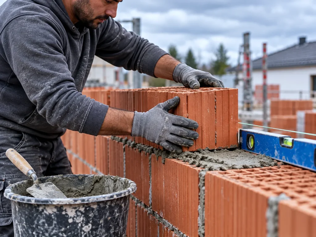 Murarz układa pustak ceramiczny na zaprawie, na murze leży poziomica