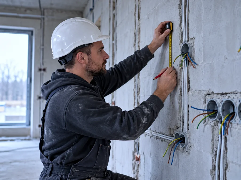Elektryk zaznacza wysokość puszki na ścianie z bruzdami i przewodami przed tynkowaniem